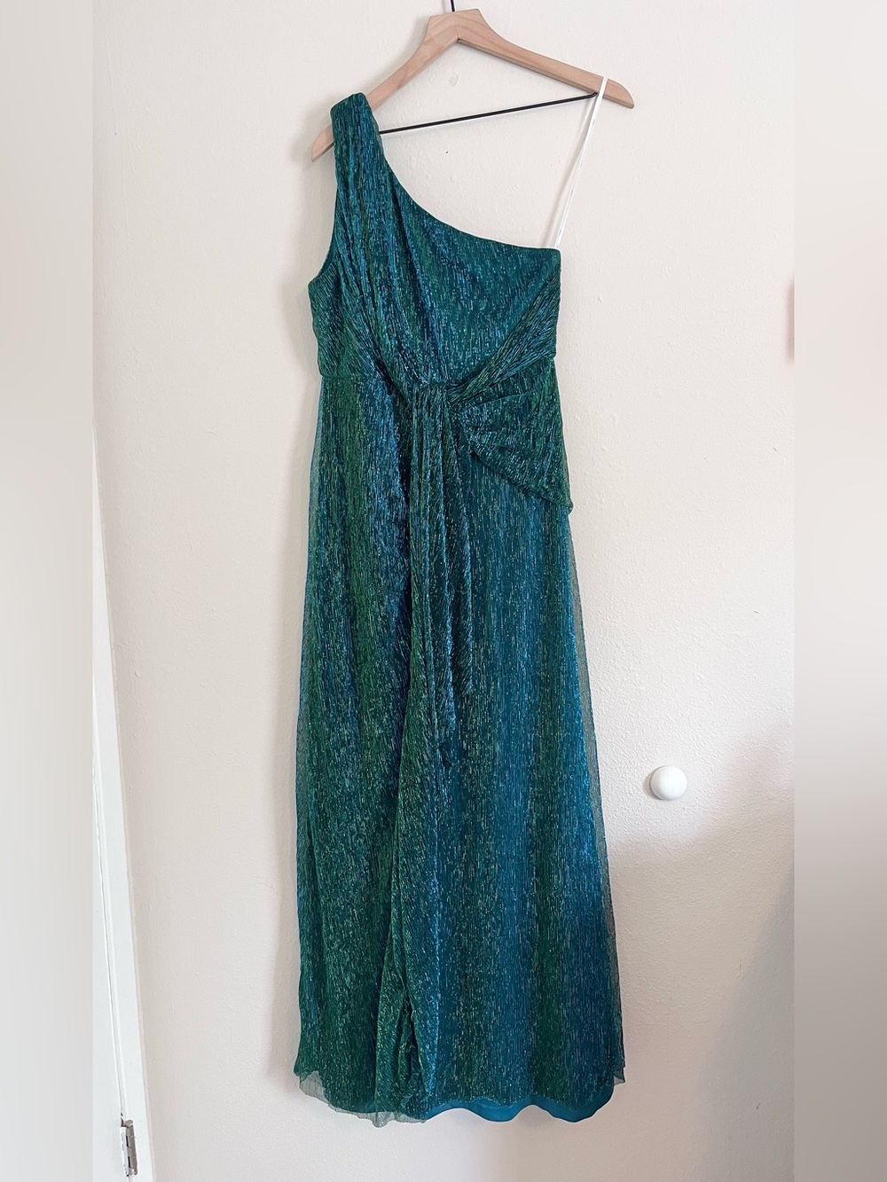 Lulus Glamorous Glitz Shiny Teal Green One-Shoulder Maxi Dress Sz Large Long - Picture 4 of 13